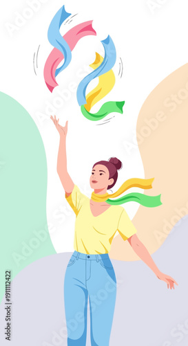 Joyful Woman Tosses Colorful Ribbons Skyward Expressing Freedom And Celebration