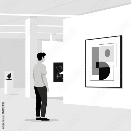 Man Admiring Abstract Art Exhibition Inside Modern Gallery Space