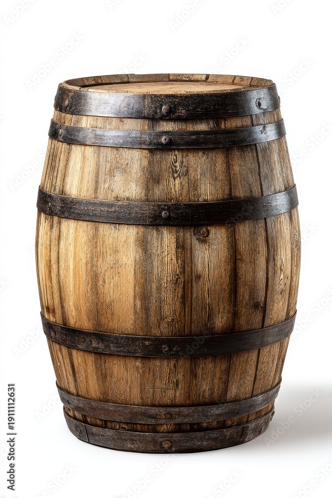 Fototapeta premium Product photograph of a classic oak barrel with warm wood texture on white