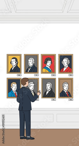 Man Appreciating Historical Portraits In An Art Gallery Exhibition