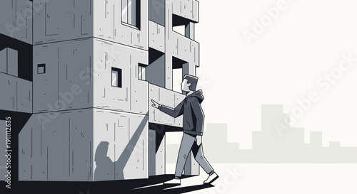 Man Approaching Modern Brutalist Building With Shadow