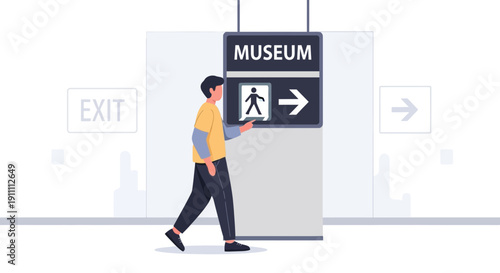 Man Approaching Museum Entrance Sign with Directional Arrows
