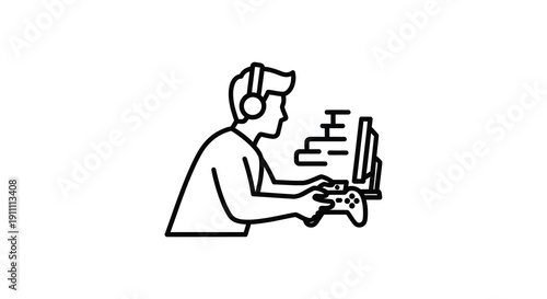 A gamer intently playing video games with a headset black silhouette