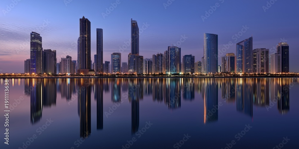 Obraz premium Cityscape Reflection at Twilight: Urban Skyline, Modern Architecture Scene