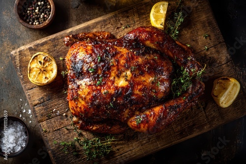 Wallpaper Mural Top-down photograph of a smoked whole chicken on a rustic wooden board with glossy glaze and herb garnish Torontodigital.ca