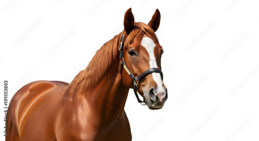 Fototapeta premium A brown horse with a white stripe on its face stands on a transparent background