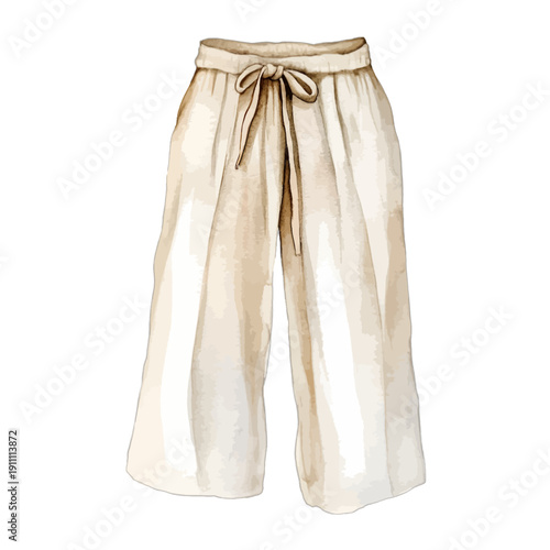 Watercolor wide leg linen pants illustration with drawstring waist