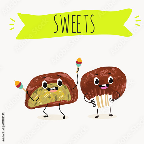 Funny Characters Dubai Chewy Cookie, hand drawn vector illustration.