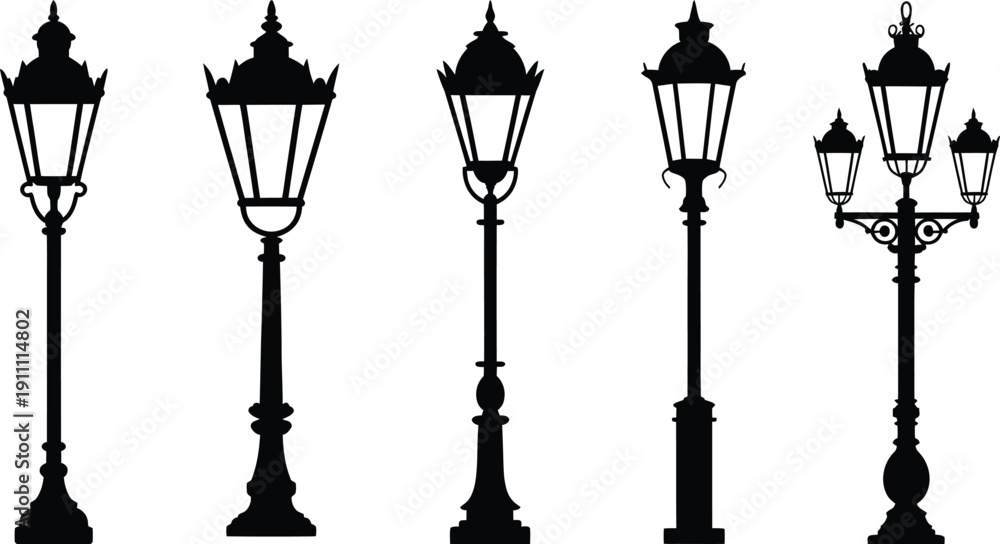 Obraz premium Vintage street lamp silhouettes set. Antique lamppost vector illustration for city design elements and urban lighting icons.