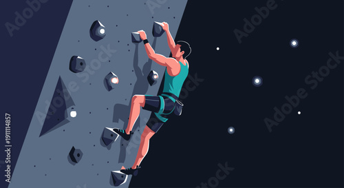 Man Ascends Climbing Wall In Abstract Nightscape