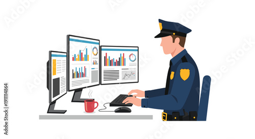 A police officer sits at a desk, typing on a keyboard with multiple monitors displaying data and charts.