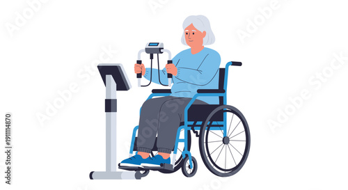 An elderly woman in a blue wheelchair actively exercises on a specialized rehabilitation machine indoors.