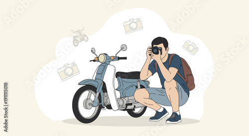 Man Capturing Memories With Vintage Scooter And Cameras