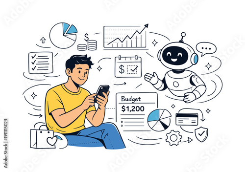 AI-Driven Finance Review. AI-driven personal finance tools. Person reviewing finances on a smartphone while an