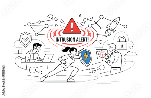 Intrusion Alert. Network screen with a warning pulse, defensive reaction starting, controlled response