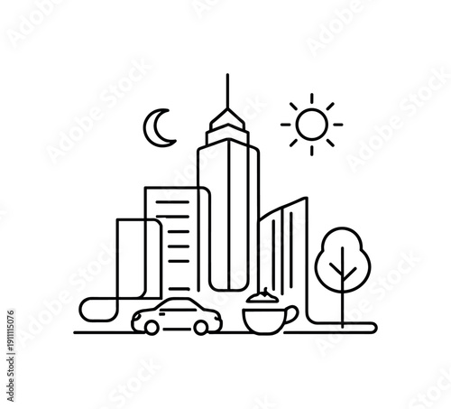 Minimal Urban Icon. Urban Emblem. Minimalistic one-line drawing modern urban icon inspired by city life and