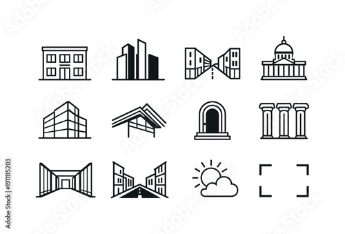 Iconic Architecture Collection. Exterior building photography. Line outline icon set of Exterior building