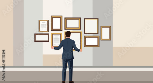 Man Choosing Art Pieces For Wall Display A Moment Of Decision