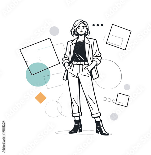 Confident personal style. Person standing tall in a minimalist yet expressive outfit, relaxed shoulders,