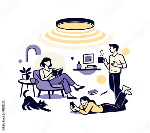 Minimal interior lighting. A ceiling-mounted fixture hovering in space, warm light circles expanding gently