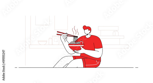 Man Enjoying Delicious Noodles With Chopsticks In Kitchen Setting