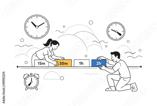 Time Management. Hands arranging blocks of time on a horizontal timeline, clock icons drifting gently around.