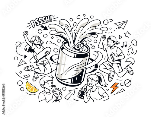 Carbonated beverage moment. Soda can cracking open, splash and fizz captured mid-air with rhythmic curves.