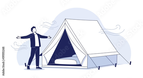 Man Enjoying Fresh Air By An Open Tent In The Outdoors