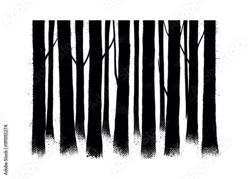 An abstract forest form reduced to vertical black shapes resembling tree trunks, cropped tightly by the frame,