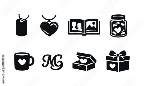 Custom Gift Icons. Personalized presents. Filled icon set of Personalized presents: custom name tag, engraved