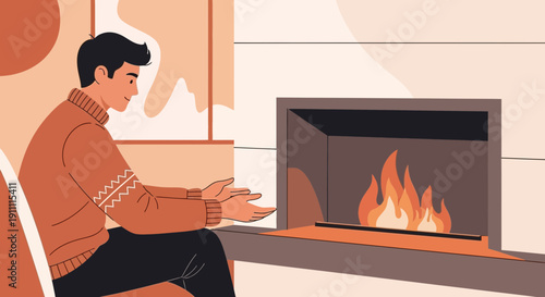 Man Enjoying Warmth By A Cozy Fireplace Comfort and Relaxation