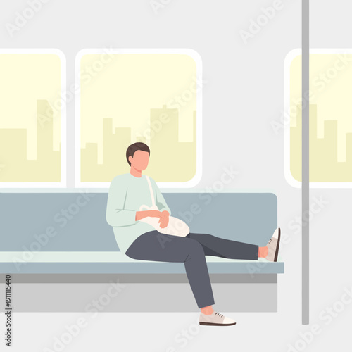 Man Commuting On Modern Public Transport With City View