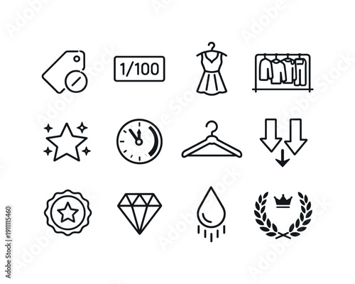Limited Edition Fashion Collections. Line outline icon set of Limited Edition Fashion Collections: limited tag