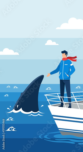 Man Confronting Ocean Danger On Boat With Shark Fin Approach