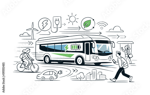 Electric public transport. Electric bus gliding along a city street, smooth motion lines and charging icons