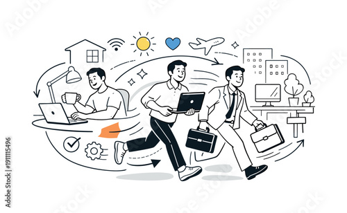 Hybrid Work Flexibility. Benefits of hybrid work models. Professional switching smoothly between home desk and