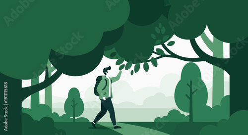 Man Explores Forest Trail Reaching For Leaves Nature Walking Adventure