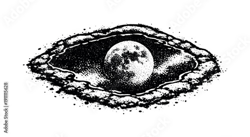 An isolated puddle viewed from above with the moon mirrored inside it, edges rough and organic, reflection