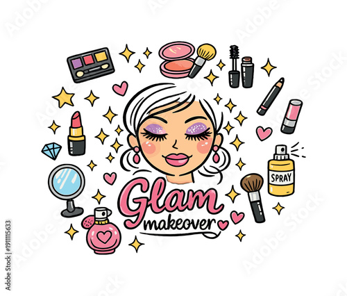 Glam makeover. Hand-drawn doodle illustration of Glam makeover. In the middle, one slightly larger central
