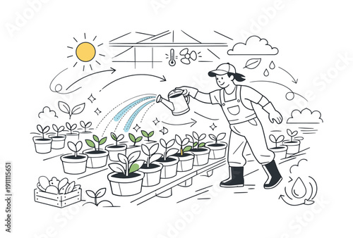Greenhouse plant cultivation. Rows of plants growing in pots, gardener watering them with gentle arcs of