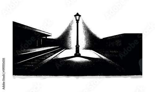 A deserted railway platform with a solitary lamppost as the central object, light suggested by negative space
