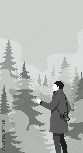 Man Exploring Serene Forest With Camera Exploring Nature Photography Adventure