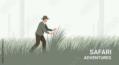 Man Exploring Tall Grass Amidst Foggy Landscape Safari Adventures
