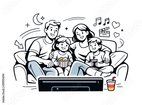 Watching a movie together. Parents and children sitting close on the sofa, TV glow softly lighting their faces