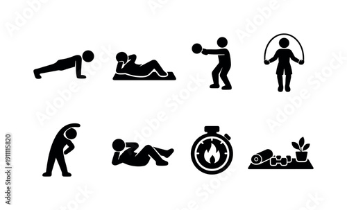 Small space workouts. Filled icon set of Small space workouts: bodyweight exercise, mat workout, kettlebell
