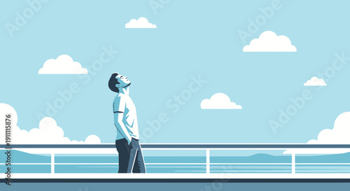 Man Gazing Upwards Towards Clouds While Standing Near Water
