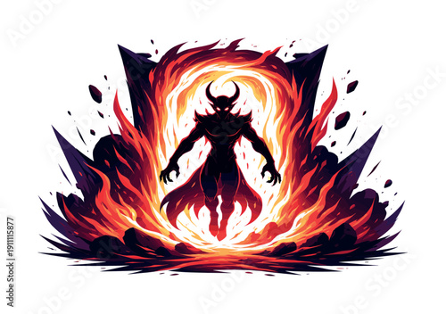 Portal of fire. Demonic figure backlit by blazing portal light, sharp shadows and heat waves distorting the