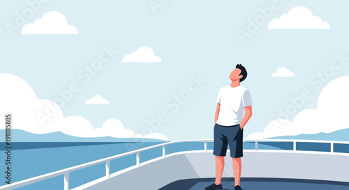 Man Gazing Upwards On A Yacht Deck Overlooking The Vast Ocean And Distant Horizon