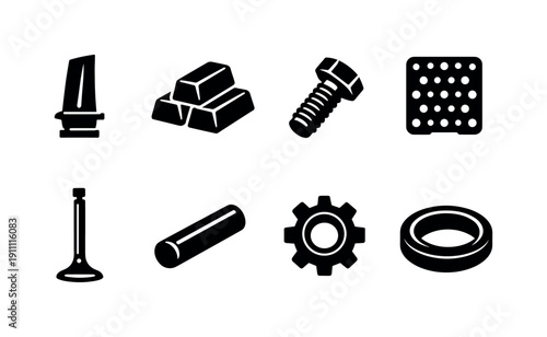 High-temperature alloys. Filled icon set of High-temperature alloys: turbine blade, metal ingot, superalloy
