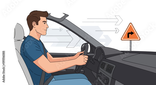 Man Driving Car Observing Road Sign With Arrows For Navigation